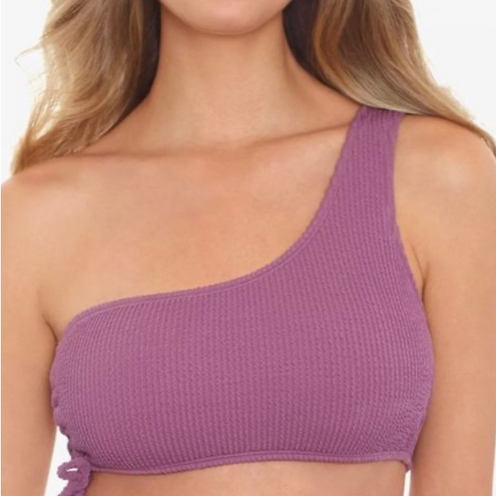Salt + Cove Juniors' One-Shoulder Side-Shirred Bikini Top in mauve pink size XL